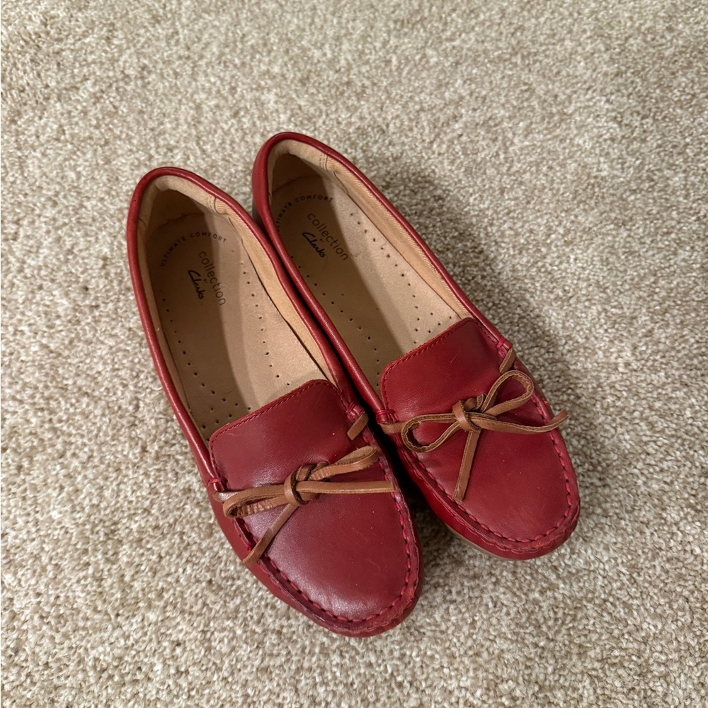 Clarks Burgundy Loafers with Bow Accent
